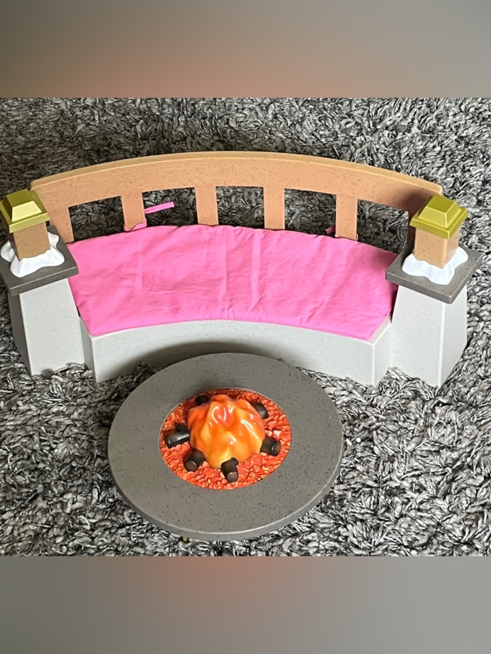 American Girl Corinne Lodge Bench with Gray fire pit Campfire Set